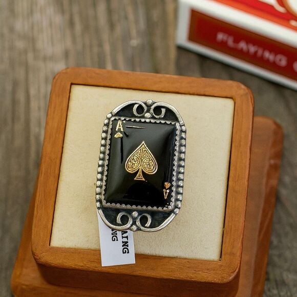 Ace of Spades Statement Ring Black Onyx & Silver Scrollwork, Playing Card Design - Picture 1 of 5